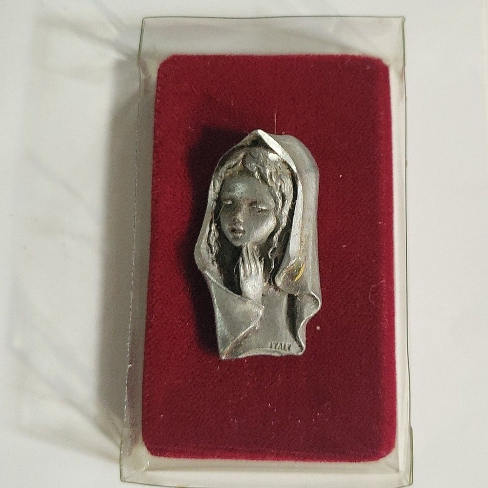 Vintage Peltro Italy Hand Chiseled Pewter Virgin Mary Small Icon 1.5" Gothic